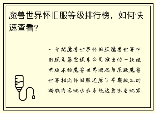 魔兽世界怀旧服等级排行榜，如何快速查看？